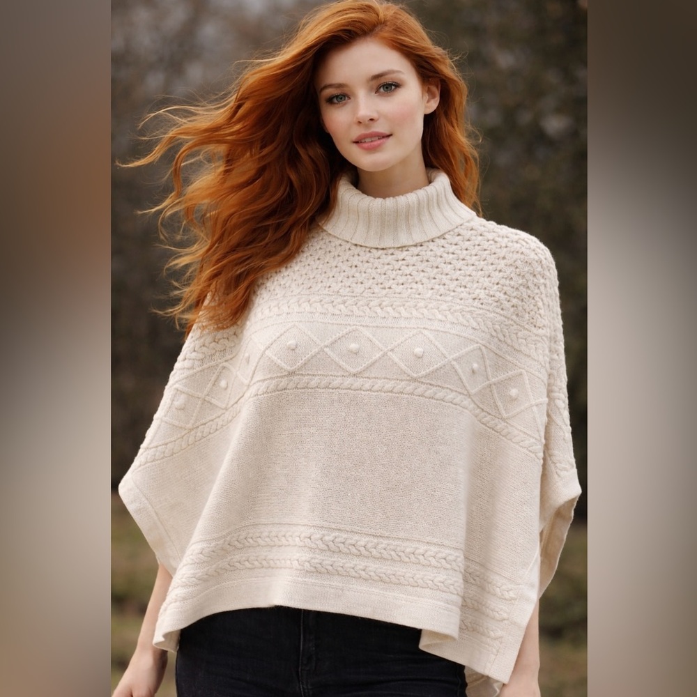 ETCETERA Cream Cable Knit Poncho‎ Sweater Wool Blend Turtleneck Size M